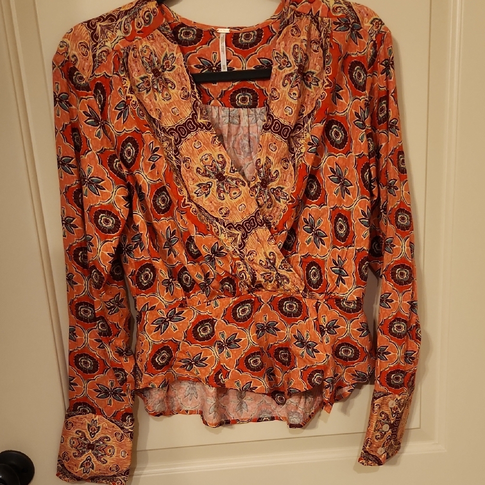 Free People Orange Wrap Fitted Blouse